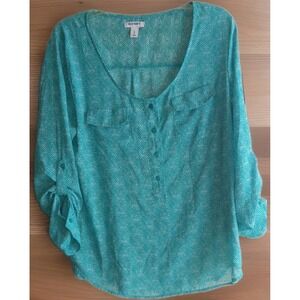 Old Navy Womens Blouse Top Sz L Coastal Resort Teal Roll Tab Sleeve Versatile